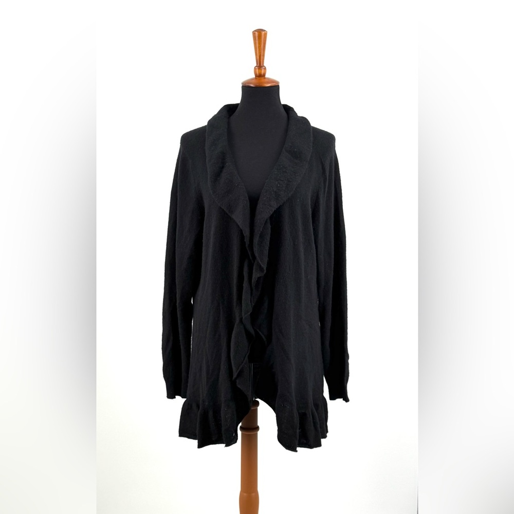 Charter Club 2-Ply Cashmere Black Ruffle Open Front Cardigan Size XL